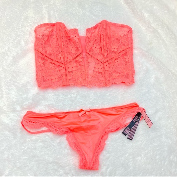 NWT Victoria’s Secret Orange Lace Bustier Longline Bra & Strappy Panties Set - Picture 3 of 15